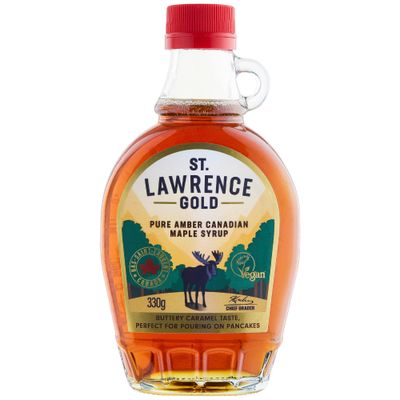 St Lawrence Gold Maple Syrup 250ml - 330g Grade A, 100% Pure Canadian Amber Maple Syrup for Pancakes, Waffles, Coffee and Cocktails - Buttery, Caramel Taste - Gluten Free, Vegan