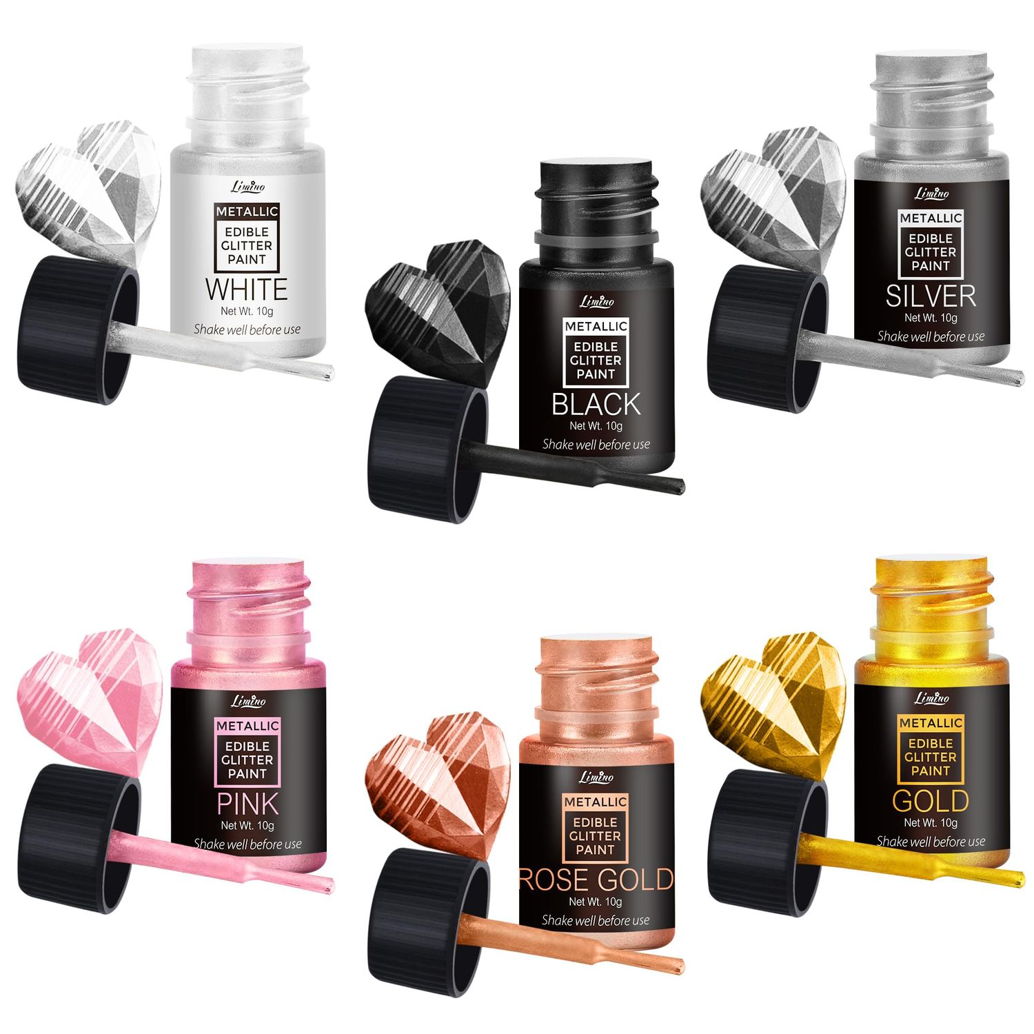 Edible Glitter Paint - 6 Colours Food Grade Metallic Glitter Cake Paint for Cake Decorating, Baking, Cupcakes, Cookies - Shimmer Art Decorative Liquid Edible Paint Food Colouring for Fondant, Donuts