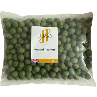Hides Fine Foods - Wasabi Peanuts 500g - Suitable for Vegetarians - GMO Free - Snacking - Coated Peanuts with Wasabi Flavour - Bar Snack - Perfect for Parties