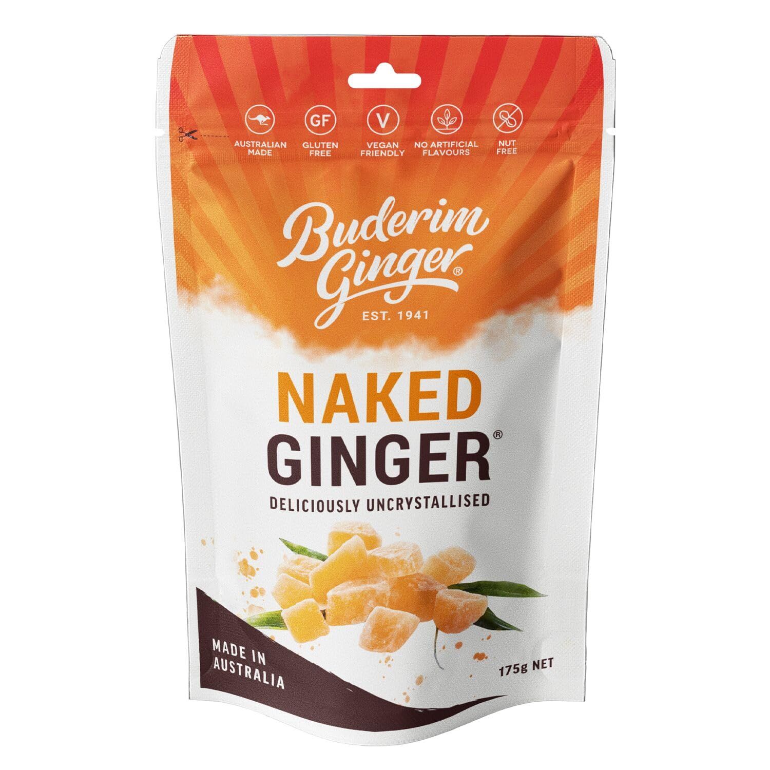 Buderim Uncrystallised Naked Sweet Ginger 175g - Chunks Of Pure Ginger Ideal For Baking Or Snack