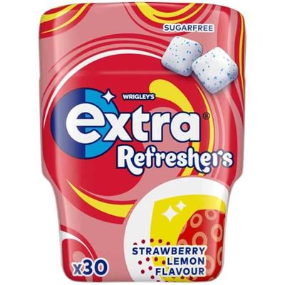 Extra Refreshers Strawberry Lemon Sugar Free Chewing Gum Pack, 30 Cubes - Fresh Breath Fruit Gum - Air Travel Essentials, Festival Accessories, Summer Holiday & Road Trip Snacks