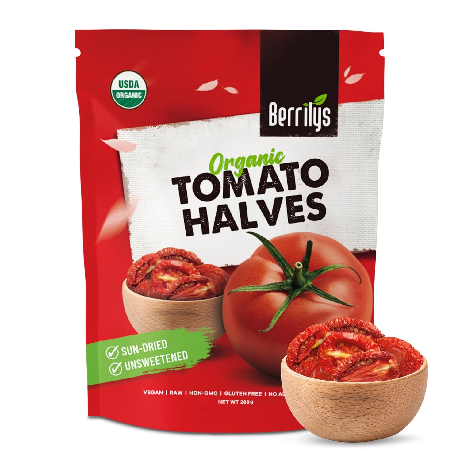Berrilys Organic Sun Dried Tomatoes, Non-GMO, Gluten-Free, No Sulphur, No Preservatives, Sun Blushed, Dry Tomato, Natural, Ideal for Cooking &amp; Snacking (200 g (Pack of 1), Halves)