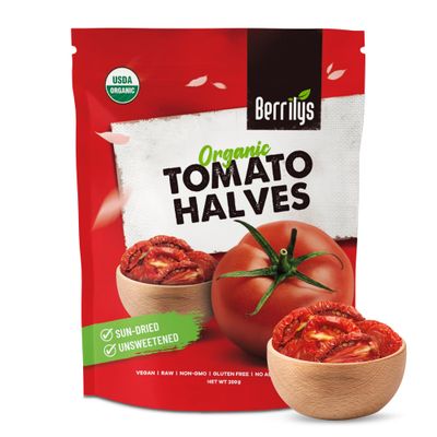Berrilys Organic Sun Dried Tomatoes, Non-GMO, Gluten-Free, No Sulphur, No Preservatives, Sun Blushed, Dry Tomato, Natural, Ideal for Cooking &amp; Snacking (200 g (Pack of 1), Halves)