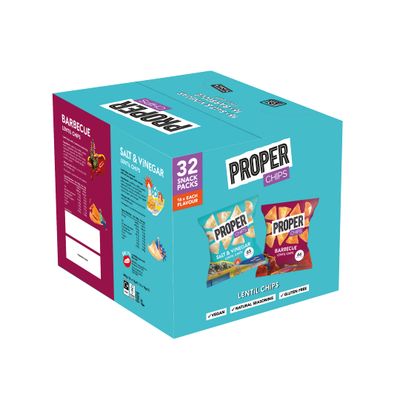 PROPER - Multipack Box, Barbecue and Salt &amp; Vinegar Lentil Chips, Vegan, Gluten Free Snacks, 14g, 32 Packs, (16 bags of each flavour)