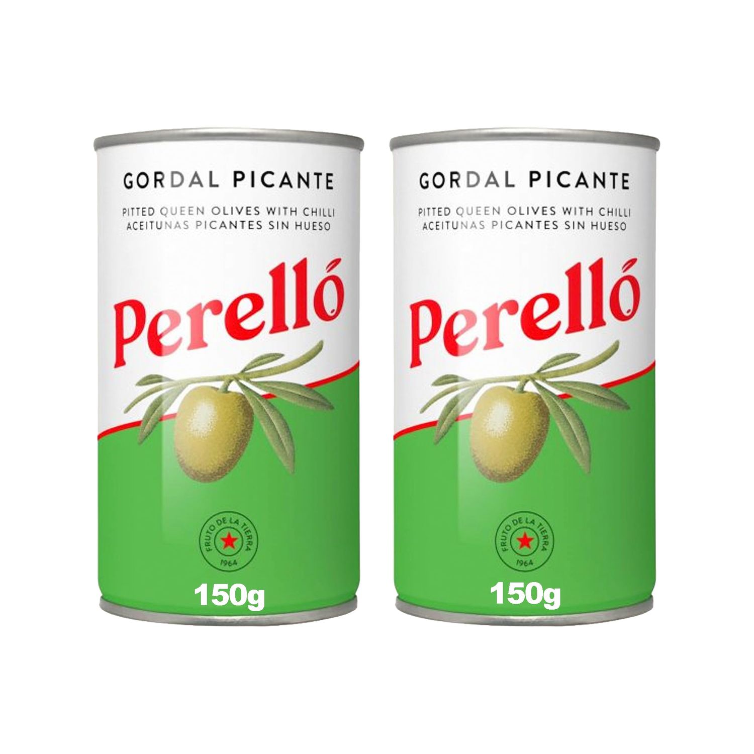 Perelló Gordal Picante Pitted Olives - 350g (150g Drained) - Pack of 2 - Spanish Green Olives - Spicy Tinned Olives Pitted