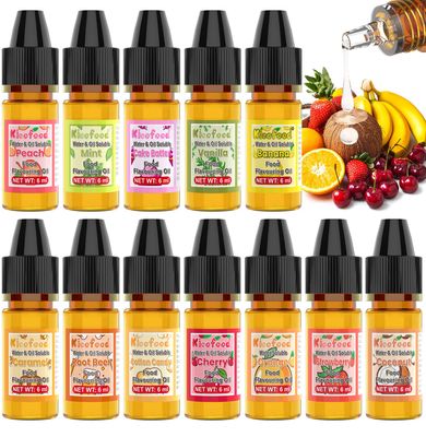 Food Flavouring Oil - 12 Concentrated Flavour Drops, Food Grade Lip Gloss Flavour Oil, Orange Strawberry Cake Batter Mint Coconut Extract for Baking, Desserts, Cooking - 6ml