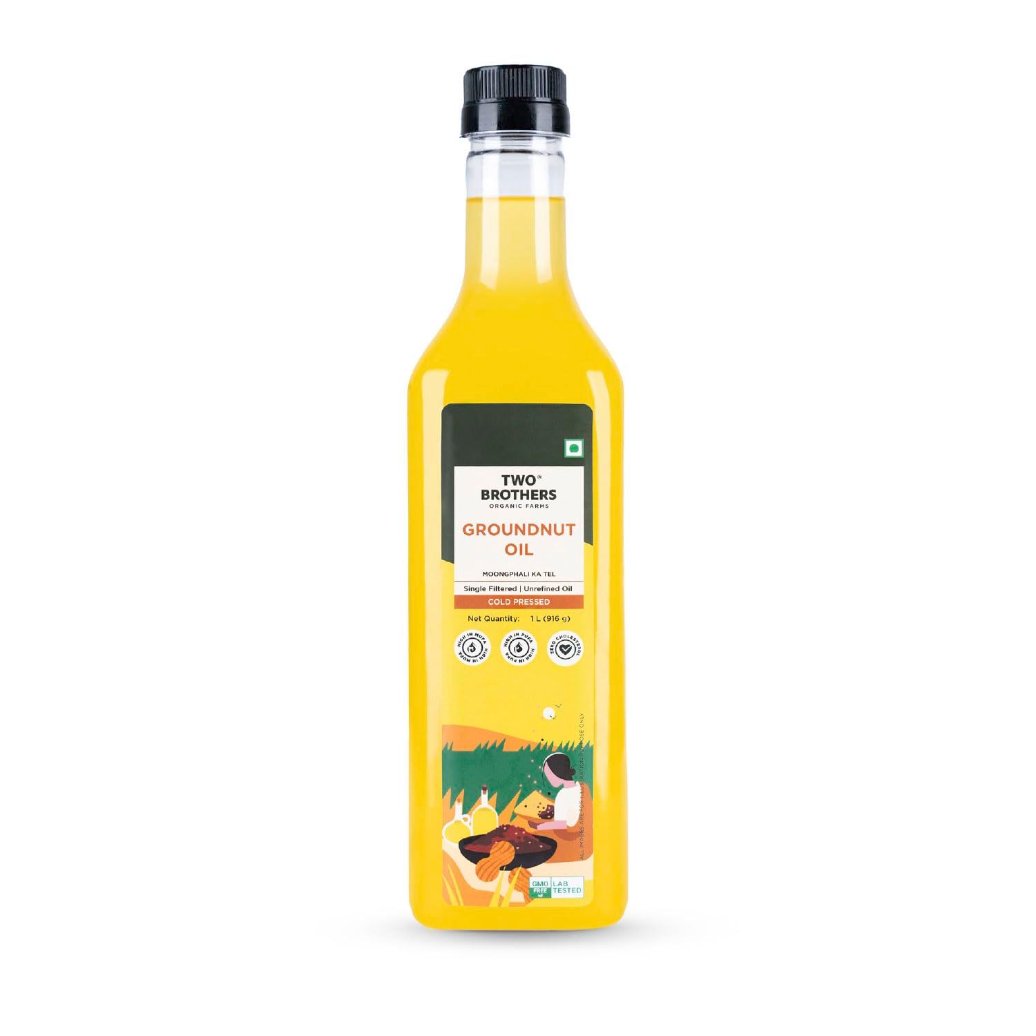 Two Brothers India Farms Certified Glyphosate Free Groundnut Oil 1L Cold Pressed Kacchi Ghani Unrefined, Single-Filtered Natural Shengdana Oil for Cooking &amp; Frying Rich Nutty Aroma