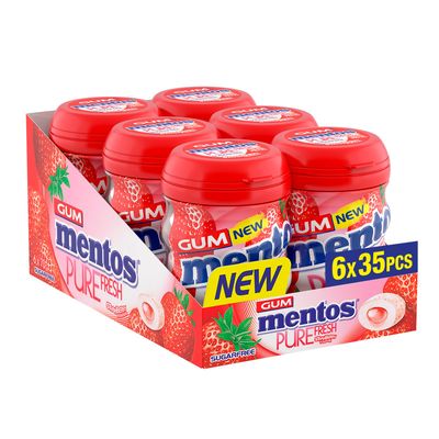 Mentos Pure Fresh Strawberry Chewing Gum 35 Pieces - Sugar-Free, Refreshing, Strawberry Flavor, Gluten-Free, with Xylitol, 90 g (Pack of 6)