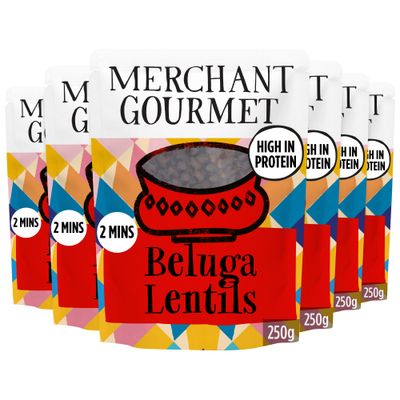 Merchant Gourmet Simply Cooked Beluga Lentils - High in Protein, Low Fat, Source of Fibre &amp; Vegan Black Lentils - Pack of 6 x 250g Ready-to-eat Pouches