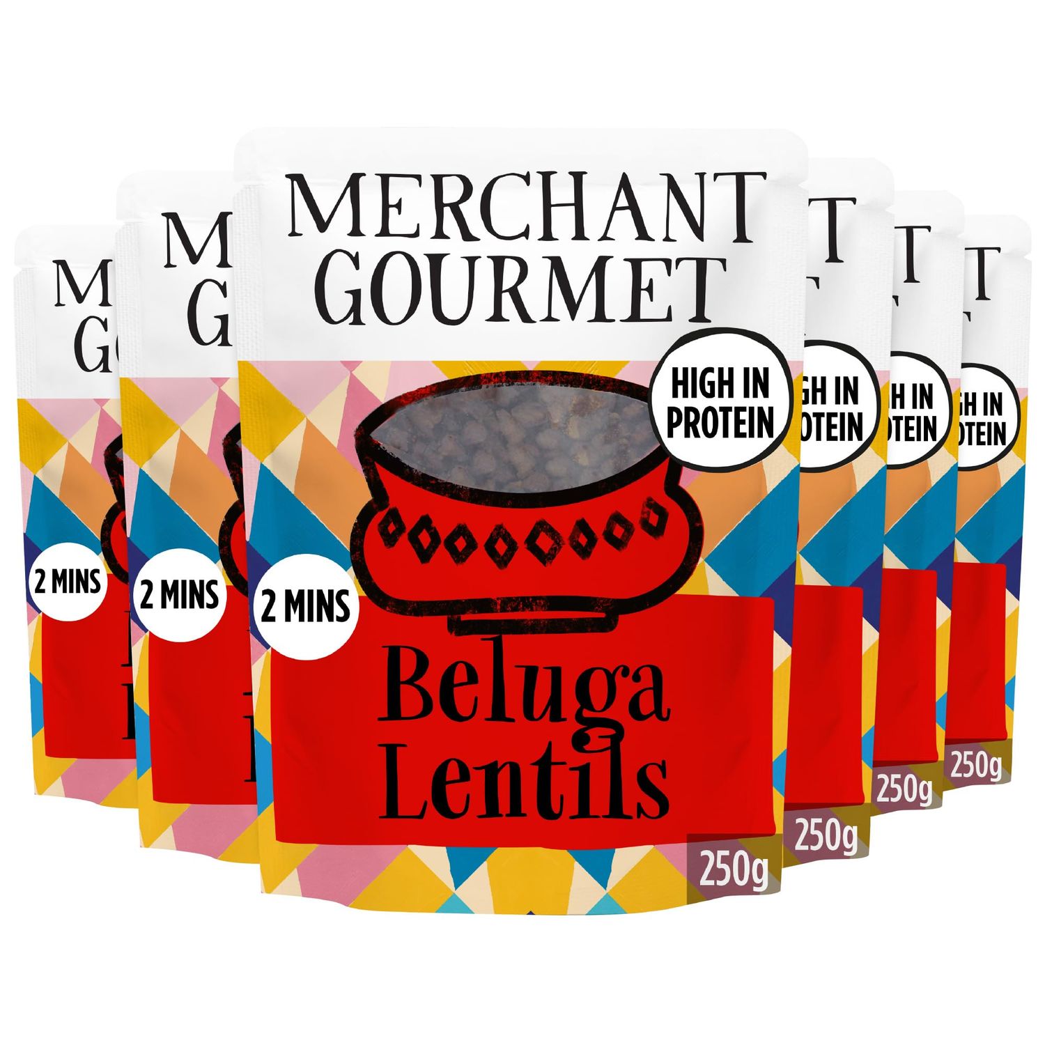 Merchant Gourmet Simply Cooked Beluga Lentils - High in Protein, Low Fat, Source of Fibre &amp; Vegan Black Lentils - Pack of 6 x 250g Ready-to-eat Pouches