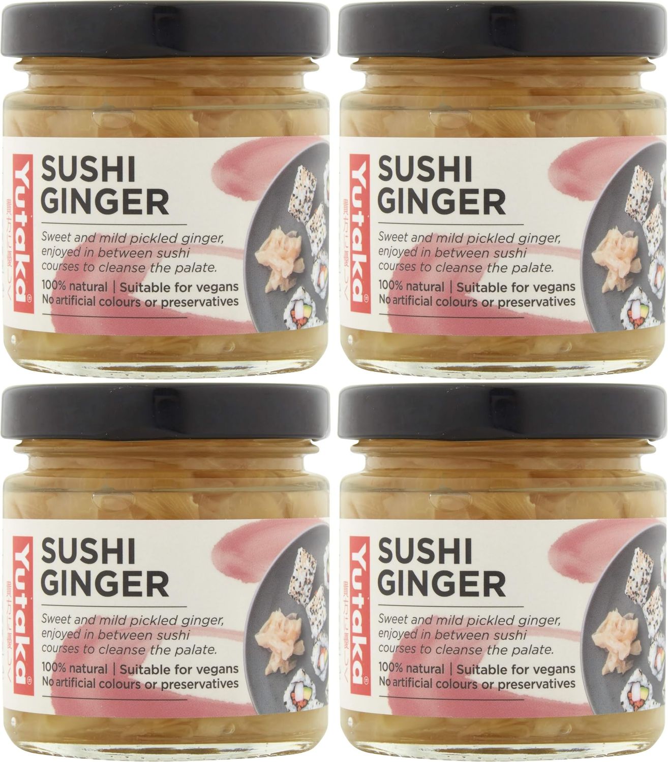 Yutaka - Sushi Ginger, Pickled Ginger Slices - 120g x 4 Pack - Sweet &amp; Mild, 100% Natural, Vegan-Friendly, Perfect for Sushi, Sashimi and Asian Cuisine, No Artificial Colours or Preservatives