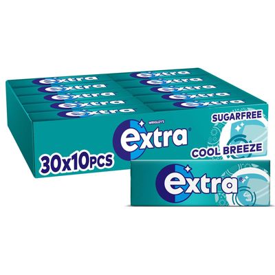 Wrigley Extra Chewing Gum Sugar Free, Cool Breeze Flavour, 30 Packs of 10