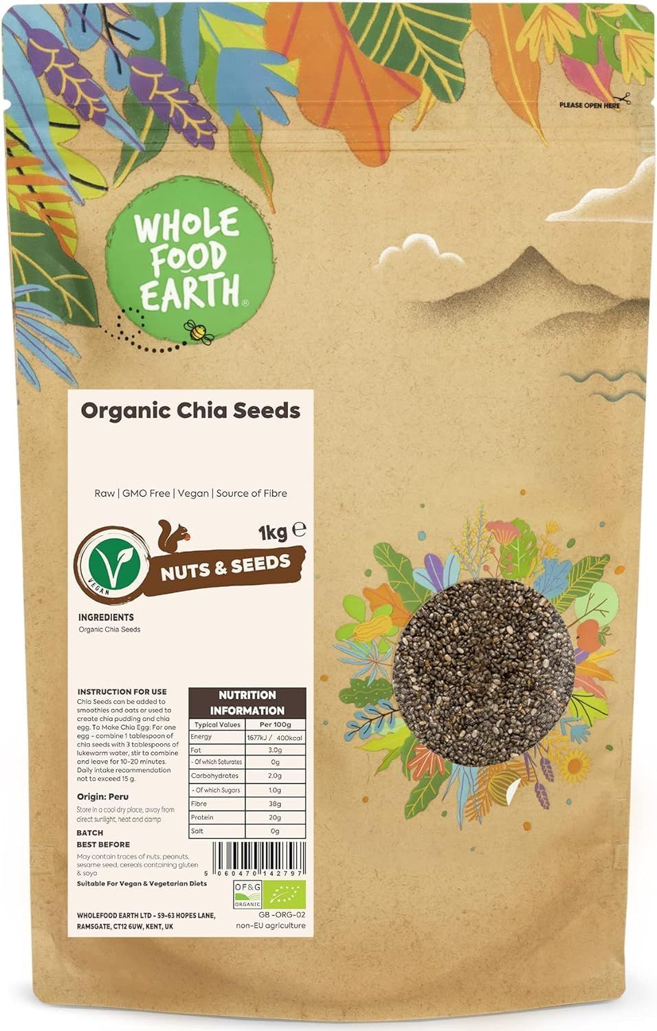 Wholefood Earth Organic Chia Seeds - 1 kg Raw GMO Free Vegan Source of Fibre Certified Organic