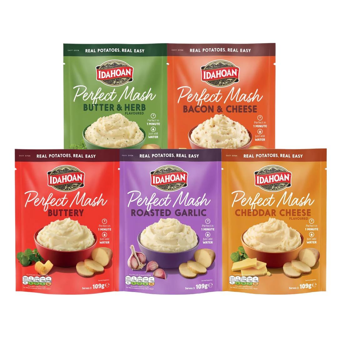Idahoan Perfect Mash Potato Variety Pack of 5 x 109g - Instant Mashed Potato Butter &amp; Herb, Buttery, Bacon &amp; Cheese, Roasted Garlic, Cheddar Cheese Mashed Potaoes Cooks in 1 Minute Ready To Eat