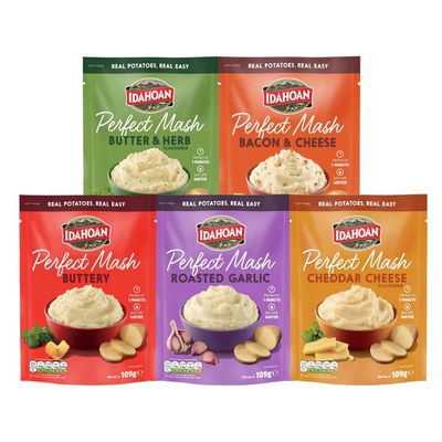 Idahoan Perfect Mash Potato Variety Pack of 5 x 109g - Instant Mashed Potato Butter &amp; Herb, Buttery, Bacon &amp; Cheese, Roasted Garlic, Cheddar Cheese Mashed Potaoes Cooks in 1 Minute Ready To Eat