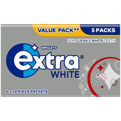 Extra White Sugar Free Chewing Gum, 5 Pack Multipack - Mint Fresh Breath Teeth Whitening Gum - Air Travel Essentials, Festival Accessories, Summer Holiday & Road Trip Snacks