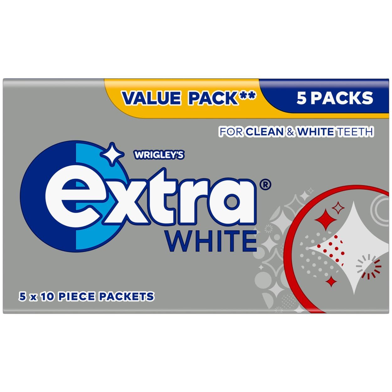 Extra White Sugar Free Chewing Gum, 5 Pack Multipack - Mint Fresh Breath Teeth Whitening Gum - Air Travel Essentials, Festival Accessories, Summer Holiday &amp; Road Trip Snacks