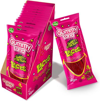 Gummy Land Strawberry Sweet Soft Candy Laces - Vegan - Halal - 80g (Pack of 12)