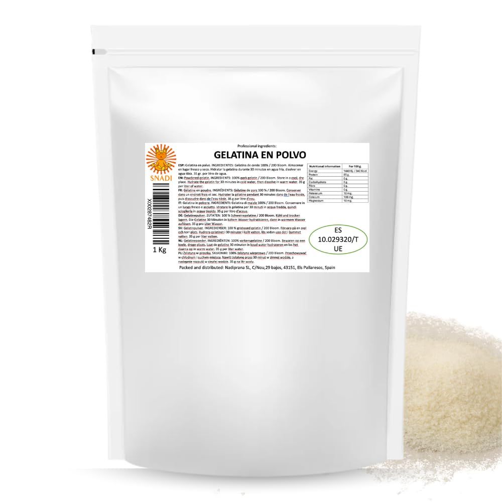 Snadi Gelatin Powder, 1 kg, Unflavored, 100% Pure and Professional Quality, Perfect for Baked Goods, Desserts, Gels, Sauces, and Savory Preparations, Easy to Dissolve and Perfect Texture
