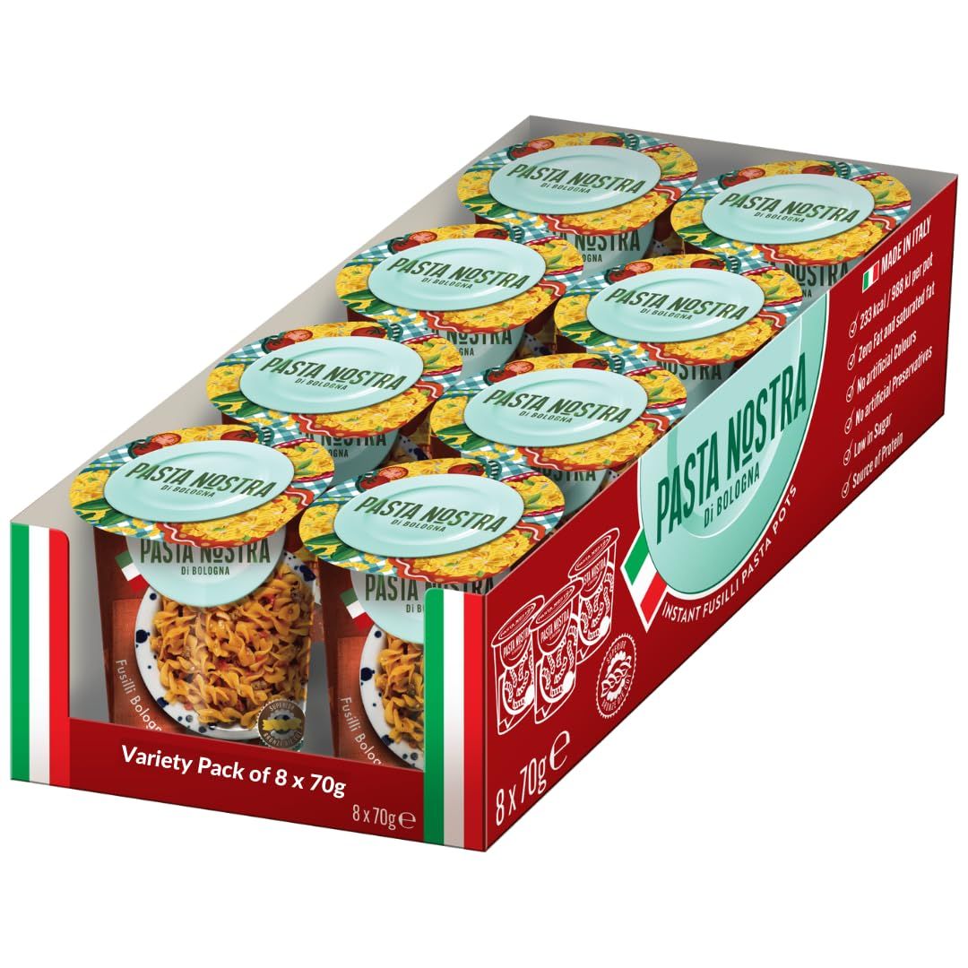 Pasta Nostra 8x70g Instant Pasta Pots Carbonara-2, Bolognese-2, Cheese &amp; Pepper-2, Arrabbiata-01, Tomato &amp; Mozzarella-1 Just Add Water Meals Healthier Alternative to Pot Noodle