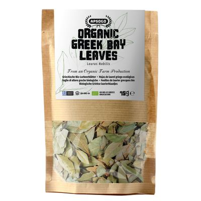APSOGO Organic Greek Bay Leaves 75g - Whole Laurus Nobilis Leaves for Cooking &amp; Tea - Aromatic, Hand-Picked, Eco Pouch