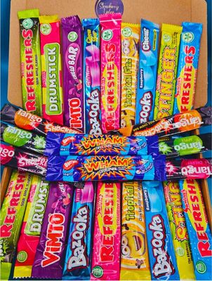 Chew Bars Sweets Gift Box, 26 Chewy Bars Bundle With Vimto, Wham, Refreshers, Tango &amp; Drumsticks Sour, Fruity, Fizzy Chews Letterbox Friendly Sweet Selection from Strawberry Ledge