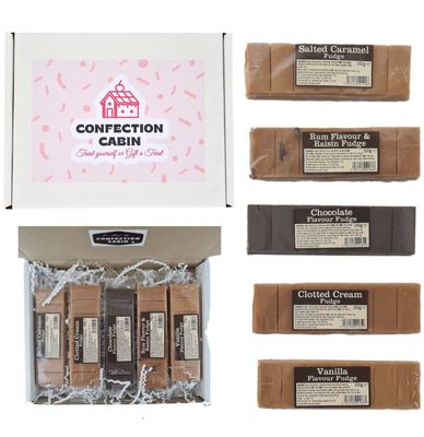 Fudge Gift Set in 5 Flavours (5 Bars x 130g) - Salted Caramel, Rum and Raisin, Chocolate, Vanilla, and Clotted Cream Bars Selection Box, Stocking Fillers, Birthday Gift