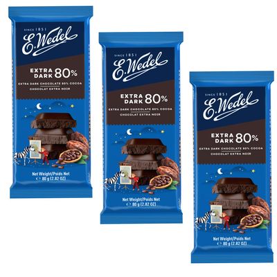 E.Wedel Dark Chocolate Bar Extra Dark Chocolate Gift 80%, Pack of 3 x 80g, Made in Poland, Multipack, Cocoa from Ghana