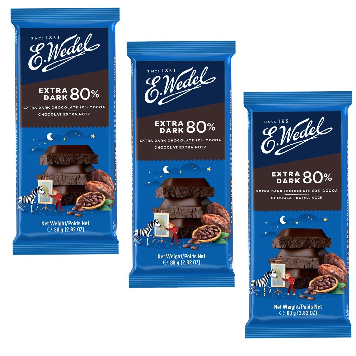 E.Wedel Dark Chocolate Bar Extra Dark Chocolate Gift 80%, Pack of 3 x 80g, Made in Poland, Multipack, Cocoa from Ghana