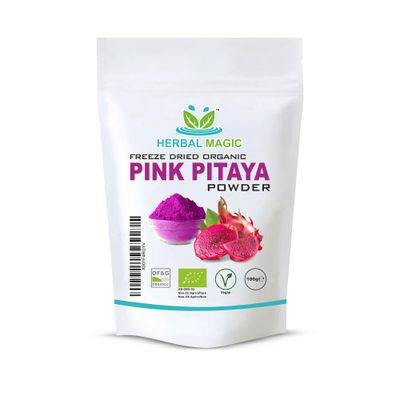 Herbal Magic's Organic Dragon Fruit(Pink Pitaya) Powder Freeze Dried - Rich & Vibrant Smoothies, Shakes, Juices, Baking, Cuisines -100g (Pack of 1)