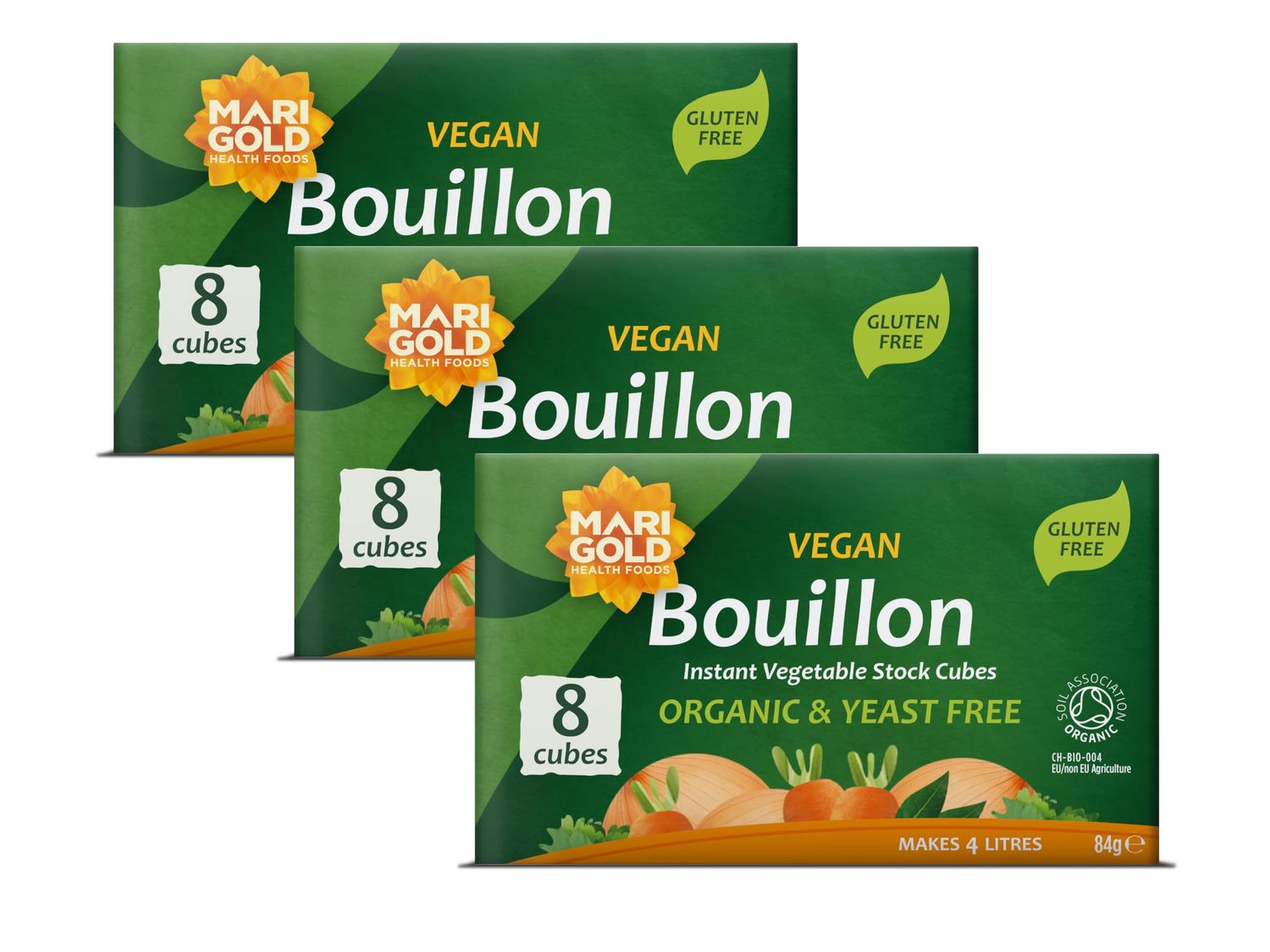 Marigold Organic Vegan Bouillon Vegetable Stock Cubes - Yeast Free, Gluten Free, Instant Flavour Booster - 8 Cubes (Pack of 3)