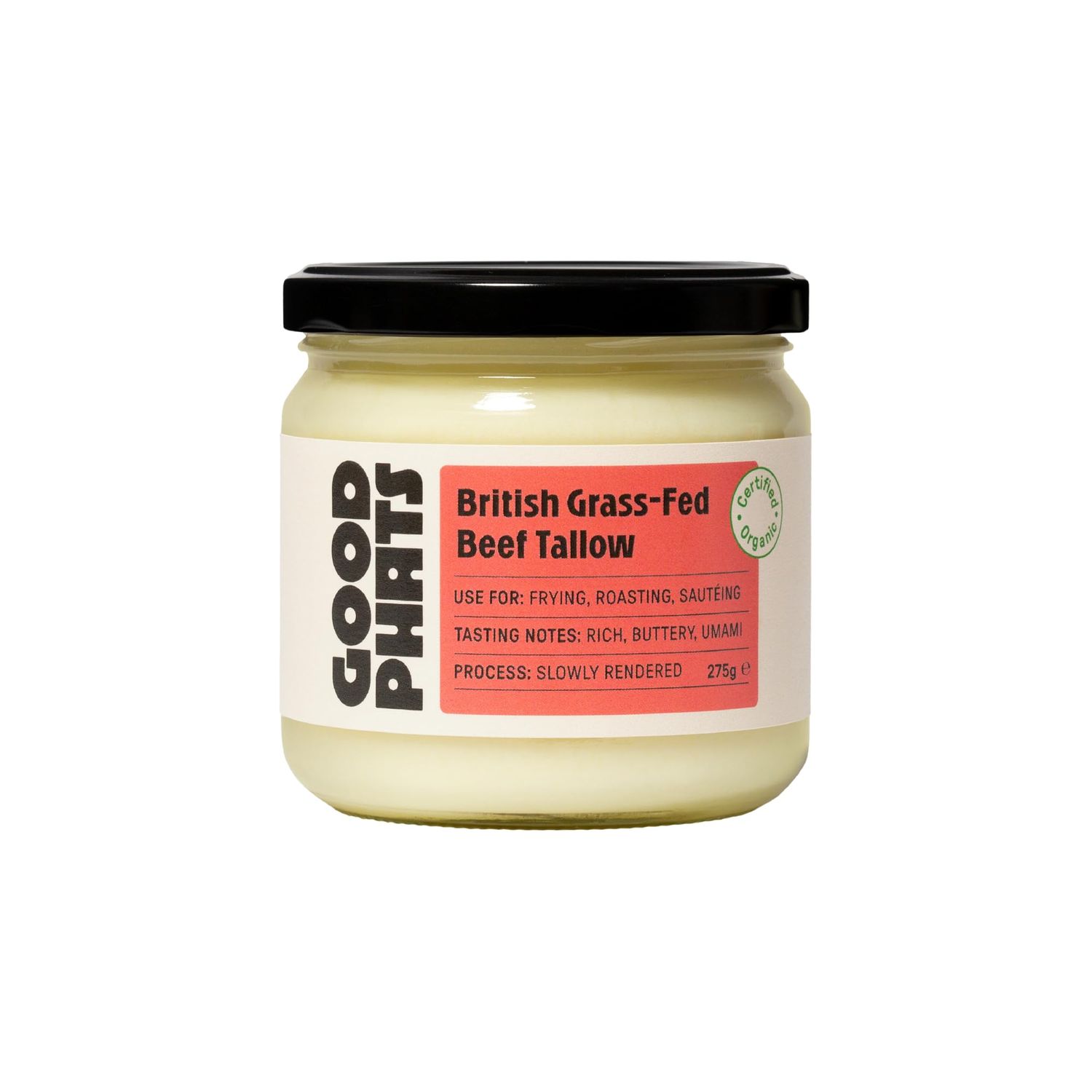 GOOD PHATS British Beef Tallow - From 100% Rendered Beef Fat - Medium-High Smoke Point for Searing, Roasting &amp; Cooking - Rich, Umami Flavour (275g)