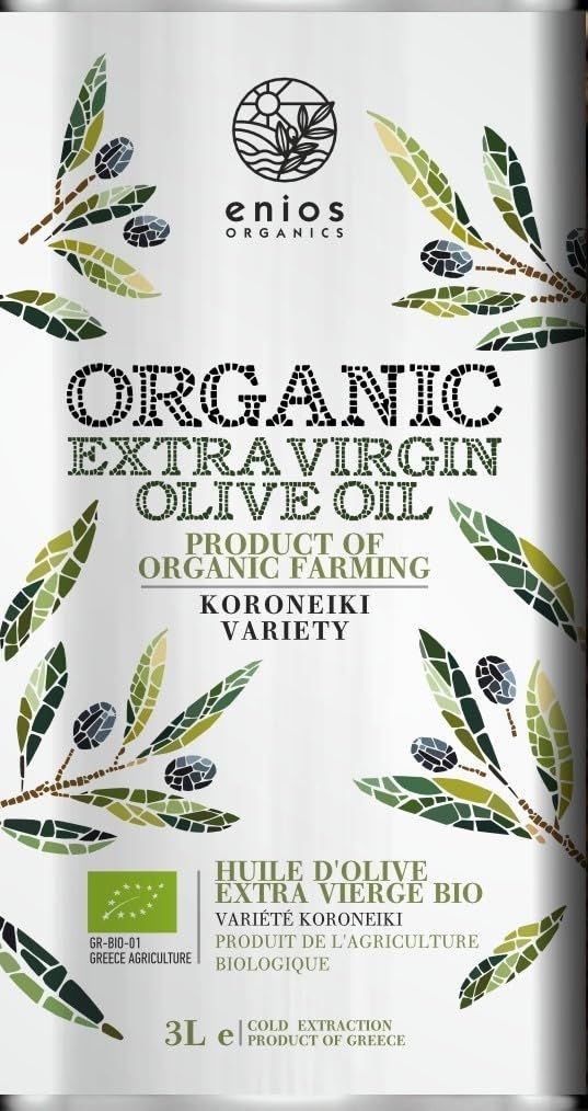 Enios 100% Greek (Kalamata) Organic Extra Virgin Olive Oil 3L. New Harvest 2025-2026. First Cold Pressed Ultra-Low Acidity 0.32% Rich in Polyphenols. Best Before: Jun 2027