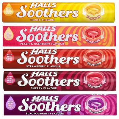 Soothers 5X 45g Mixed Flavour Drops Mints Cherry, Strawberry, Peach &amp; Raspberry, Blackcurrant, Honey &amp; Lemon Bundle