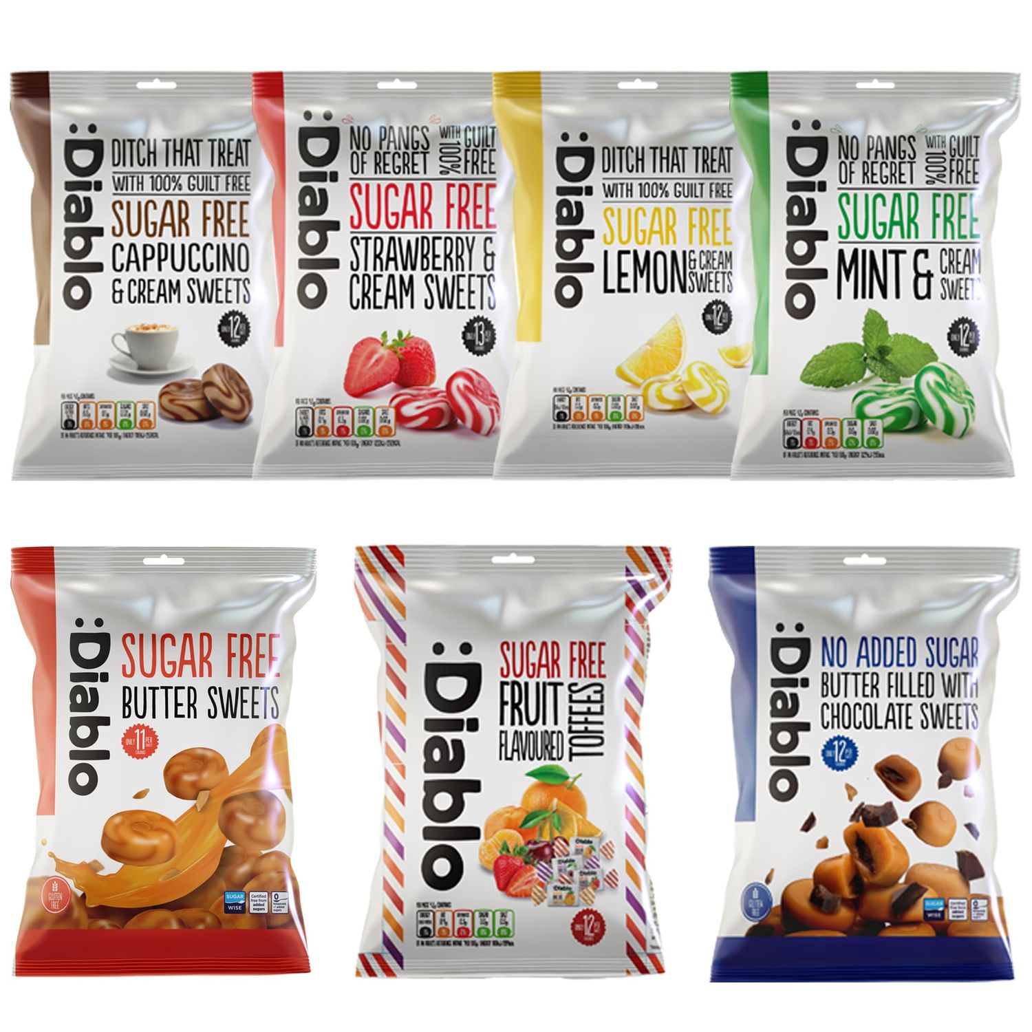 Diablo Sugar-Free Candy Variety Pack - Healthy Sweets Sweetened with Maltitol, Sugar-Free Treats for All Occasions, Ideal for Gift Boxes, Mother s Day &amp; Father s Day - 75g Each, 7 Packs