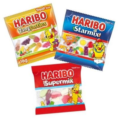 Haribo Mini Treat Bags - Mixed Box of 30 Bags 16g each, Includes Starmix, Tangfastics and Supermix, Party Bags, Stocking Fillers