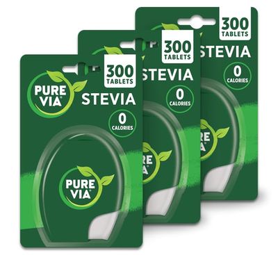 Pure Via Stevia Sweetener Tablets Bundle of 3 (900 Tablets Total) - Low Calorie Sugar Alternative Derived from Nature - Great Taste for Tea &amp; Coffee - Convenient Dispenser Format