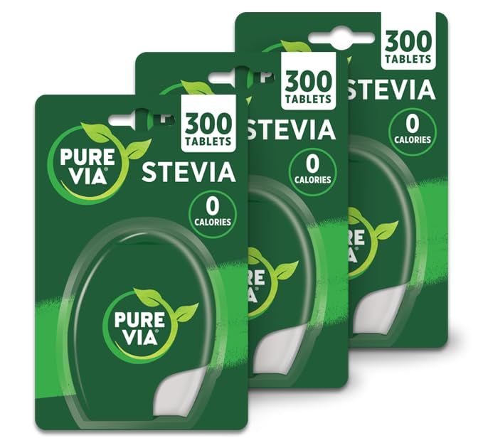 Pure Via Stevia Sweetener Tablets Bundle of 3 (900 Tablets Total) - Low Calorie Sugar Alternative Derived from Nature - Great Taste for Tea &amp; Coffee - Convenient Dispenser Format