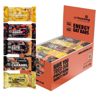 Getbuzzing Nut Free Oat Flapjack Bars with Nutrition Benefits - Gluten Free Healthy Endurance Snack with Natural Ingredients, High Fibre & School Safe - 20 x 62g - Mixed Pack Multipack - Cycling, Gym