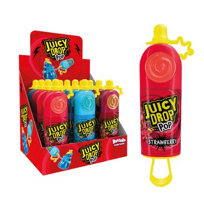 Juicy Drop Pop Lollipops (Pack of 12 Lollipop Sweets Bulk) Sweet and Sour Kids Sweets for Party Bags, Raspberry, Strawberry & Cola Lollies - Halal Candy