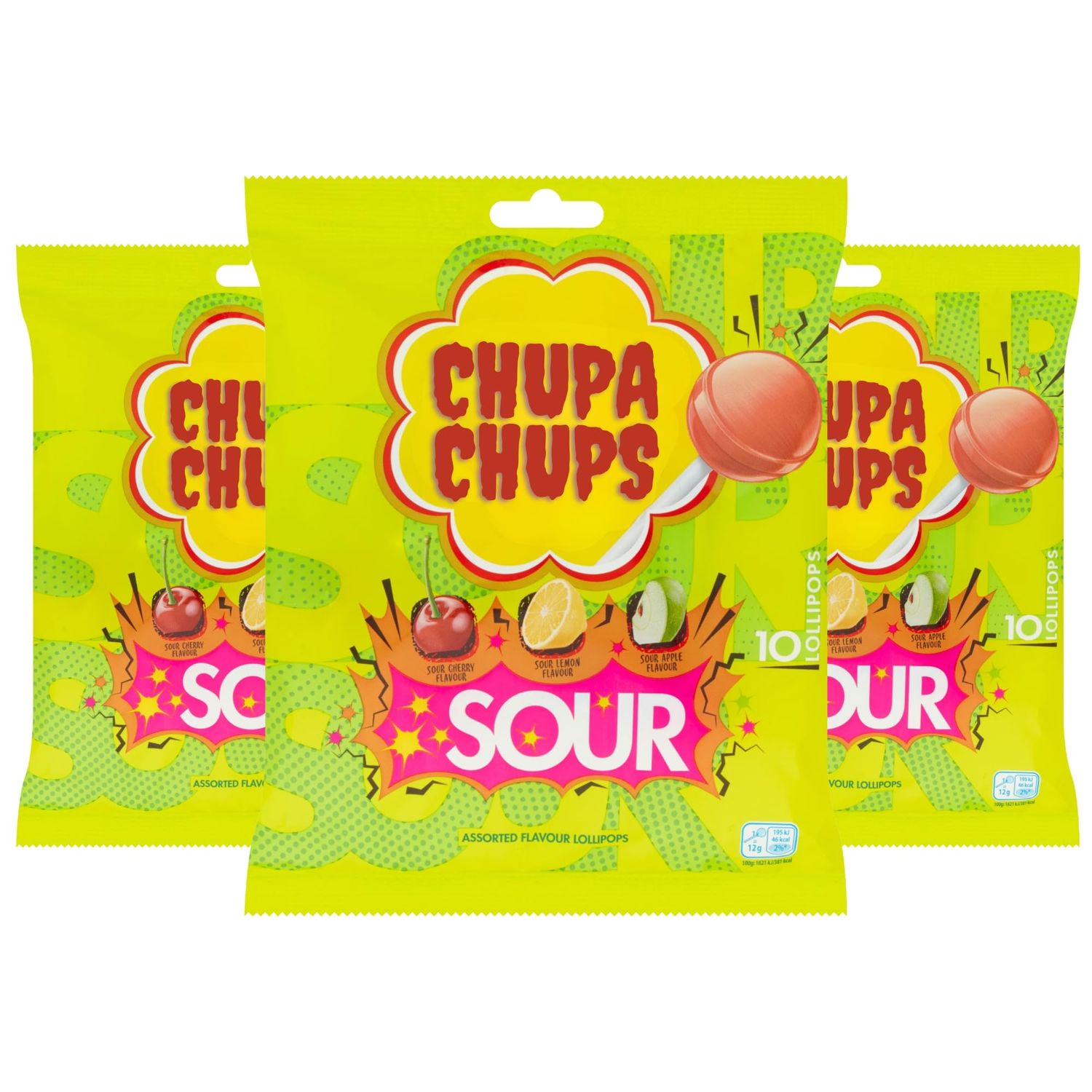 Sour Lollipops Multipack - 3 x 10 Pack (30 Lollipops) - Assorted Sour Flavours - Apple, Cherry, Lemon - Fun Fruity Treats for Kids &amp; Adults - Party Sweets &amp; Sharing Bags