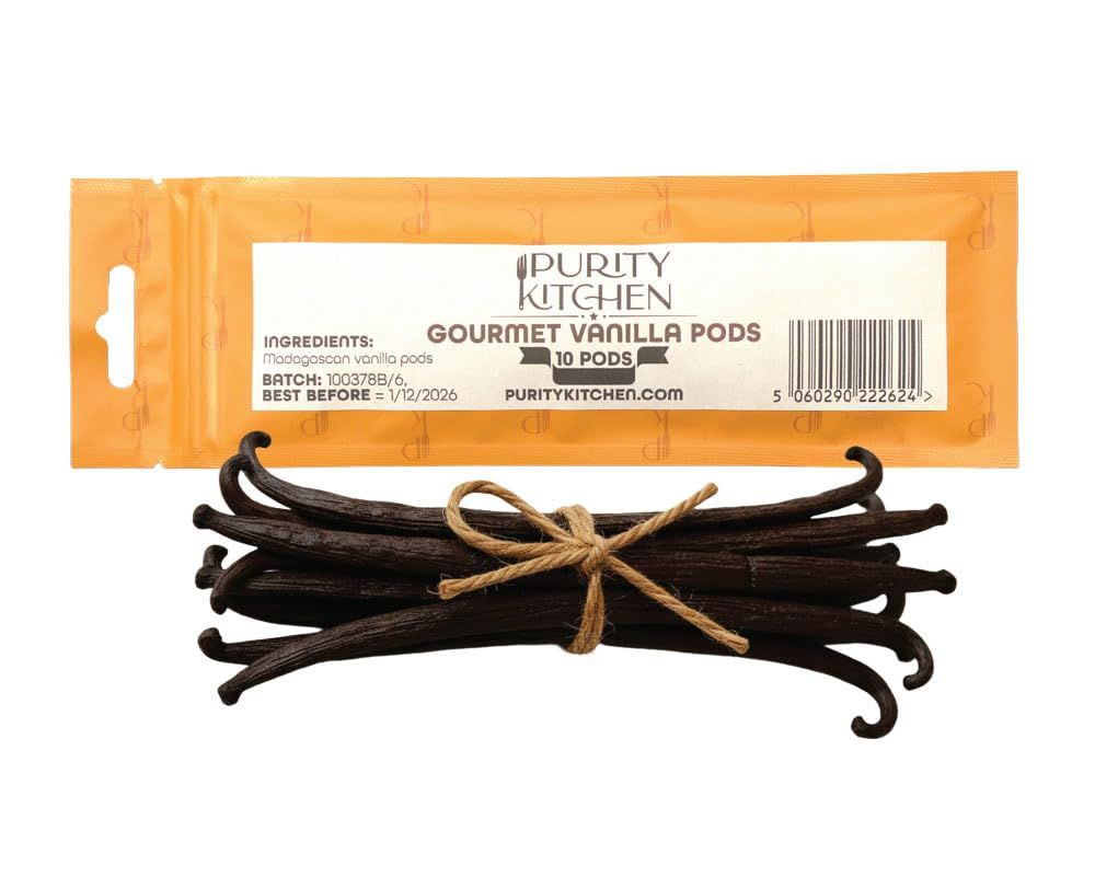 Purity Kitchen Madagascan Vanilla Beans, Grade A Gourmet, 10 Whole Pods, Halal &amp; Kosher Certiied &amp; Vegan. 100% Pure.