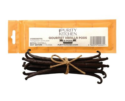 Purity Kitchen Madagascan Vanilla Beans, Grade A Gourmet, 10 Whole Pods, Halal &amp; Kosher Certiied &amp; Vegan. 100% Pure.