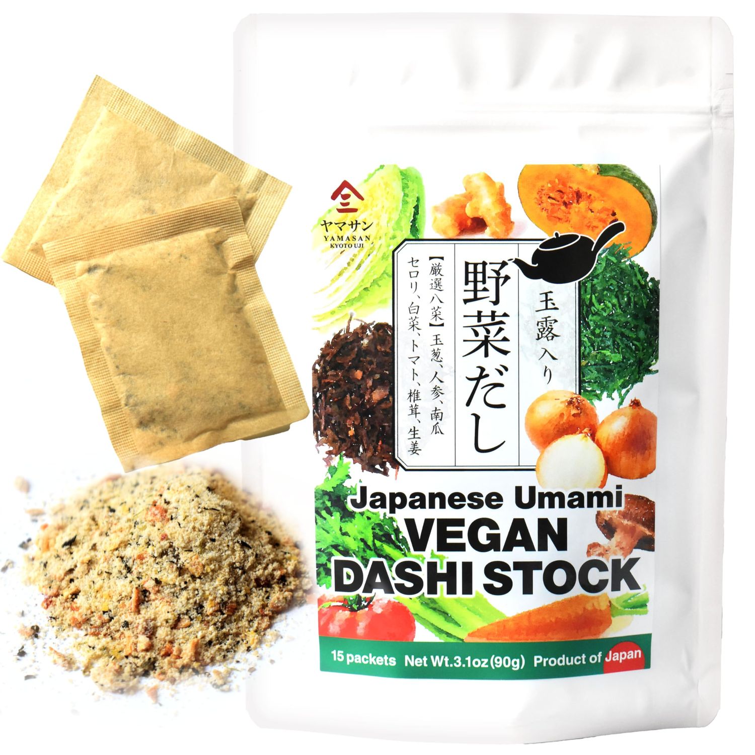 YAMASAN KYOTO UJI Japanese Umami Vegan Dashi Stock, Healthy Veggie Dashi Packet, Vegetable Broth, Quick and Easy to Use, Gluten Free, Sugar Free, No-MSG, 6g×15Packets