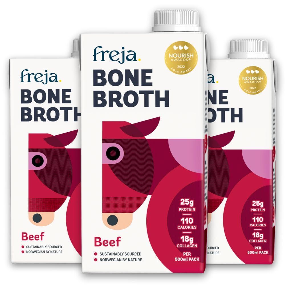 Beef Bone Broth Grass-Fed Collagen, Protein &amp; Amino Acids Low Carb, Keto &amp; Gluten Free Clear Liquid Broth, not Beef Stock Cubes, Powder or Concentrate 3 x 500ml
