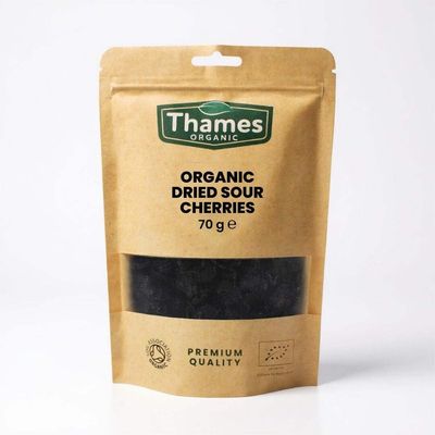 Organic Dried Sour Cherries Pitted, Sun Dried, Tart Cherry - No Additives, No Preservatives, Unsulphured, Vegan, GMO Free - All Natural - Thames Organic 70g