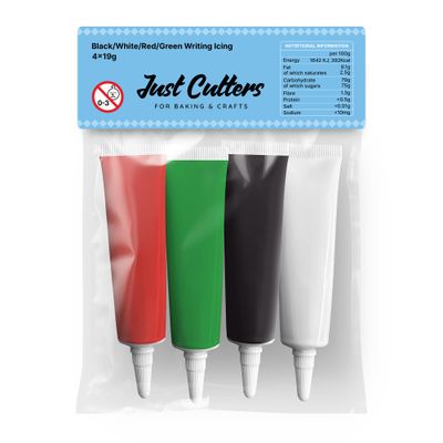 JUST CUTTERS Ready to Use Writing Icing Tubes, 19g, Instant Icing Pens for Cakes, Biscuits &amp; Baking (Red/Green/White/Black)