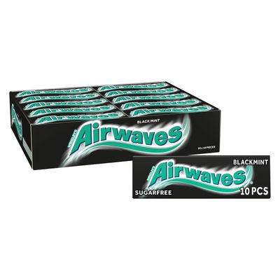 Airwaves Black Mint Sugar Free Chewing Gum Bulk Multipack, 30 x 10 Pieces - Intense Menthol &amp; Anise Gum - Air Travel Essentials, Festival Accessories, Summer Holiday &amp; Road Trip Snacks