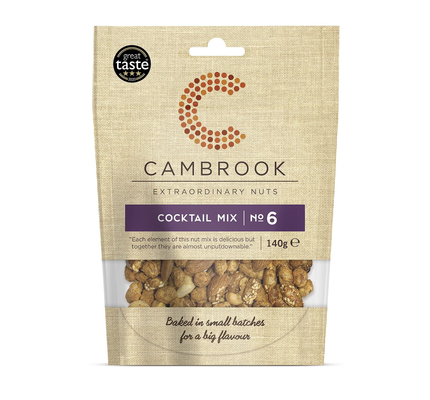 Cambrook - Cocktail Mix 6, Salted, Smoked, &amp; Caramelised Mixed Nuts, 140g Bag