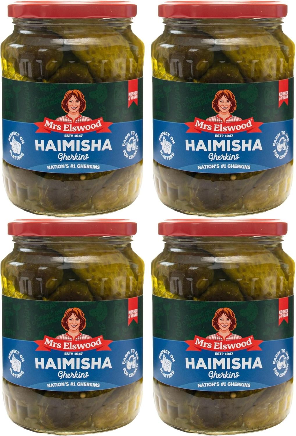 Mrs Elswood Haimisha Cucumbers, 670g (Pack of 4) - Crunchy Pickled Gherkins - Traditional Recipe - Perfect for Snacking and Sandwiches